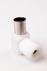 coaxial Antenna cable connectors, metal plug on white