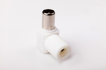 coaxial Antenna cable connectors, metal plug on white