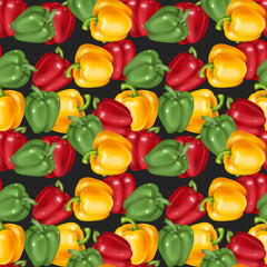 Fototapeta na wymiar Seamless pattern with yellow, red and green bell peppers, hand drawn on a dark background