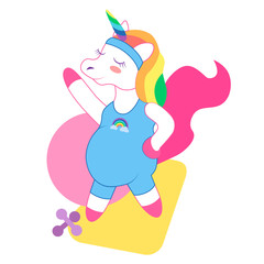Vector illustration with the image of a unicorn that does exercises.
