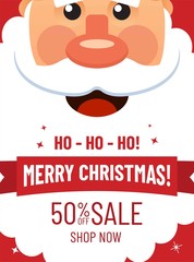 Christmas cute cartoon character. Vector christmas card with Santa and sale promotion