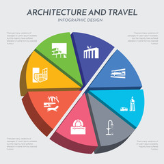 architecture and travel concept 3d chart infographics design included balcony, beach, beach ball, beach shower, big ben, boarding pass, brandenburg, brickwall icons