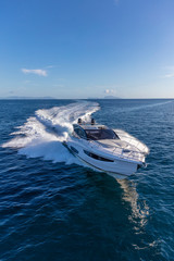 luxury motor yacht in navigation, aerial view - 302422156