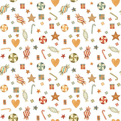 Christmas Sweets seamless pattern with candy, lollipop, gingerbread, cookies, gifts and stars. Hand drawn illustration.