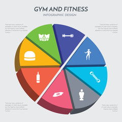 gym and fitness concept 3d chart infographics design included bosu ball, boxing bag, yoga mat, boxing mannequin, chest expander, diet, dumbbell, elevation mask icons