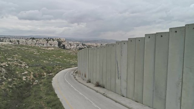 Aerial footage of the separation wall between Israel and the Palestinian Authority in Jerusalem