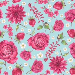 Behang Seamless floral pattern of red flowers  and berries. Hand painted watercolor illustration.  © Aleksandra Foster