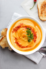 Pumpkin soup mashed potatoes with croutons