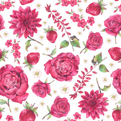 Seamless floral pattern of red flowers  and berries. Hand painted watercolor illustration. 