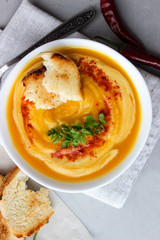 Pumpkin soup mashed potatoes with croutons