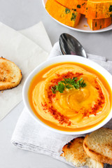Pumpkin soup mashed potatoes with croutons