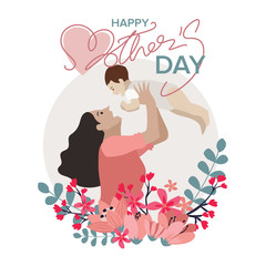 Happy Mothers day greeting card with typographic design and floral elements. Vector illustration.