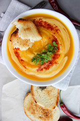 Pumpkin soup mashed potatoes with croutons