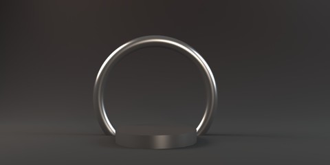 Empty silver podium stage with ring arch on dark background. 3D rendering.