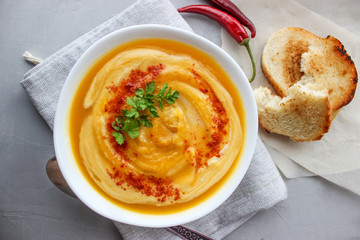 Pumpkin soup mashed potatoes with croutons