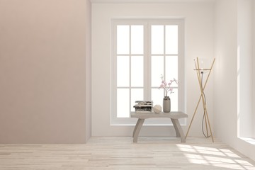 Empty room in white color with table and modern lamp. Scandinavian interior design. 3D illustration