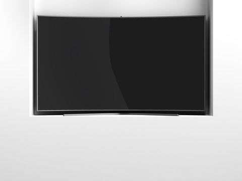 curved empty screen fuhd tv 3d render on white podium