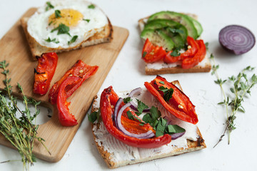 toast with vegetables, avocado sandwiches, fried egg sandwich. Gourmet sandwiches for breakfast, lunch.