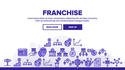 Franchise Landing Web Page Header Banner Template Vector. Home Office And Corporate Headquarters, Globe With Gps Mark And Web Site Franchise Illustration