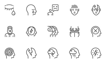 Psychological problems vector line icons set. Mental disorders, depression, sadness, melancholy. Editable stroke. 48x48 Pixel Perfect.