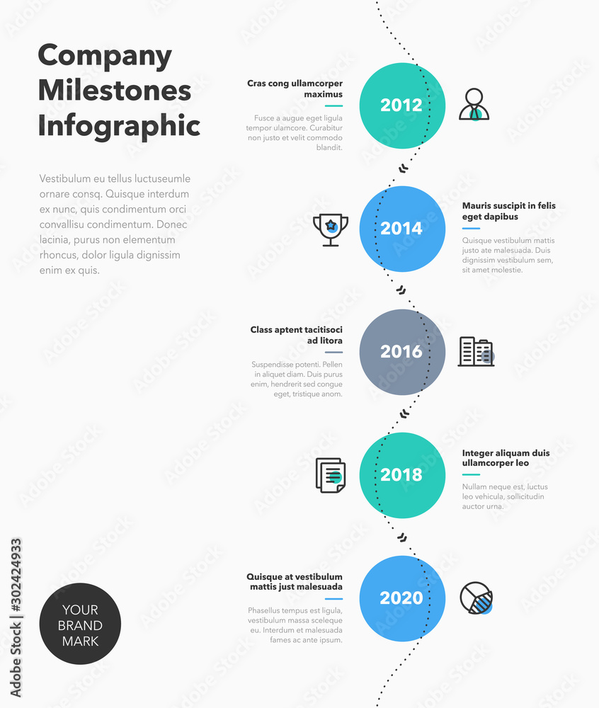 Leinwandbilder simple business infographic for company milestones timeline with colorful circles and line icons. ea
