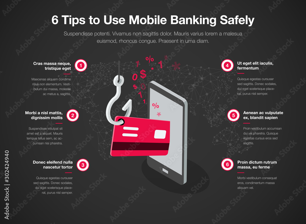 Fototapete infographic for 6 tips to use mobile banking safely with smart phone red credit card and fishing hoo