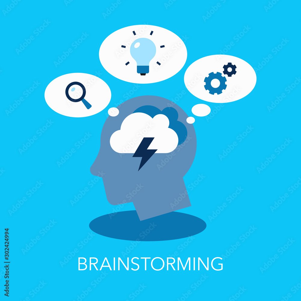 Aufkleber Brainstorming flat symbol with head as a main symbol and thinking bubbles. Easy to use for your website or presentation.