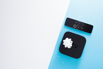 Remote control devices concept. Set of controller and micro console for TV watching and online...