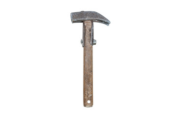 An old, classic, rust-covered metal hammer with a wooden handle, isolated on a white background...