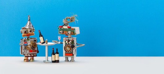 Two drunk robots celebrate dismissal in a bar. Wine booze party concept. Robots red wine lovers...