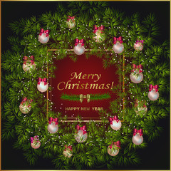 Realistic Christmas wreath on dark background. Vector illustration. Vector Illustration for holiday greeting card, invitation, calendar poster banner