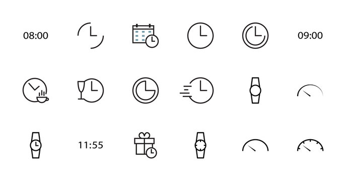   Simple set of time icon color editable template. Contains icons such as time check, magazine, speedometer calendar and other vector symbol signs isolated on white background for graphic and web desi