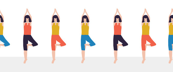 Yoga class seamless vector border. Women Fitness class repeating illustration of woman doing yoga tree pose. Sport event advertisement