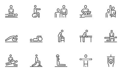 Physical Therapy Vector Line Icons Set. Rehabilitation Treatment, Therapeutic, Physiotherapy, Recuperation. Editable stroke. 48x48 Pixel Perfect.