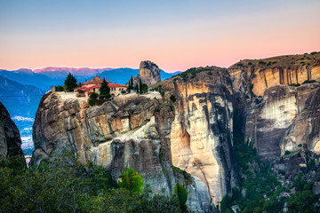 Fototapeta na wymiar Landscape with monasteries and rock formations in Meteora, Greece. during the sunrise