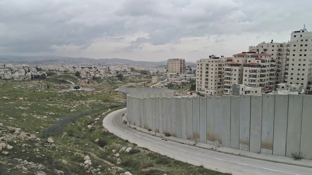 Aerial footage of the separation wall between Israel and the Palestinian Authority in Jerusalem