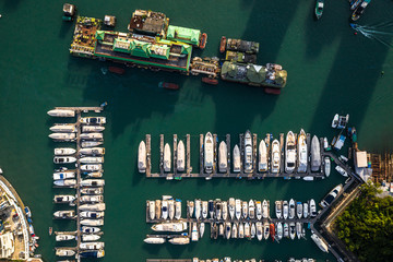 top down view of the famous Aberdeen marina with its floating restaurant in Hong Kong