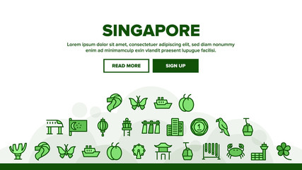Singapore Landing Web Page Header Banner Template Vector. Flag And Scyscraper, Crab And Parrot, Butterfly And Train, Singapore Illustration