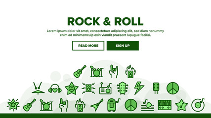 Rock And Roll Landing Web Page Header Banner Template Vector. Guitar And Drums, Microphone And Headphones, Star And Rock Music In Radio Illustration