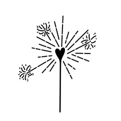 Sparkler in the form of a heart with abstract sparks. Festive black and white illustration on a white background.