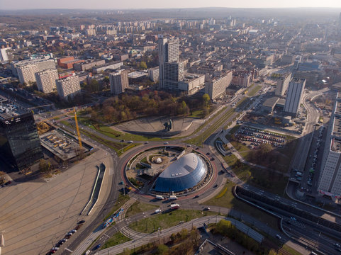 Aeriale view of Katowice. Modern Buildings and city roads. Katowice is the largest city and capital of Silesia