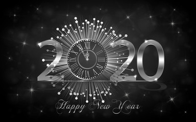 Happy New Year 2020. Background with silver sparkling shiny clock. Vector Illustration for holiday greeting card, invitation, calendar, poster or banner.
