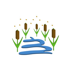 Bulrush on the lake with insects.Vector isometric and 3D view.