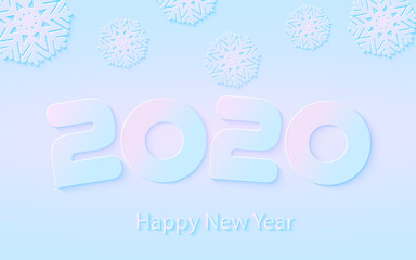 2020 Happy New Year poster with fairy winter background. Numbers and snowflake cut from paper. Vector Illustration for holiday greeting card, invitation, calendar or banner.