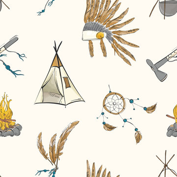 Native american indian warior vintage bohemian pattern. Teepee, warbonnet, indian ax, dream catcher boho sioux tribal print. Nursery kids background