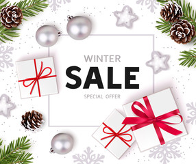 Fototapeta na wymiar Winter sale design template. Christmas background with new year holiday decorations. Flat lay. Top view. Vector illustration. 