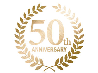 50th anniversary logo with laurel motif. Gold metallic color with hairline and metal texture.