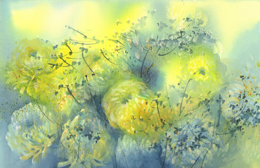 yellow chrysanthemum in the blue colors background watercolor