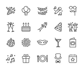 Vector set of party line icons. Contains icons of firework, cake, karaoke, masquerade, champagne and more. Pixel perfect, scalable 24, 48, 96 pixels. - obrazy, fototapety, plakaty