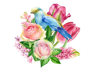 spring composition with bird and flowers, a bouquet of flowers, narcissus, roses, tulips, hyacinths on a white background, watercolor illustration, botanical painting